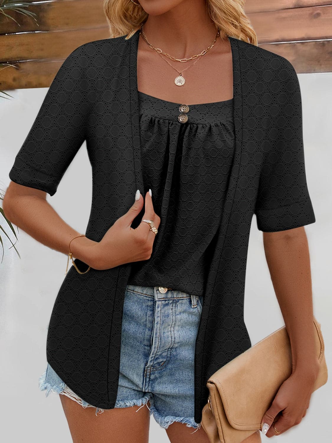 Full Size Faux Layered Decorative Button Half Sleeve Blouse.