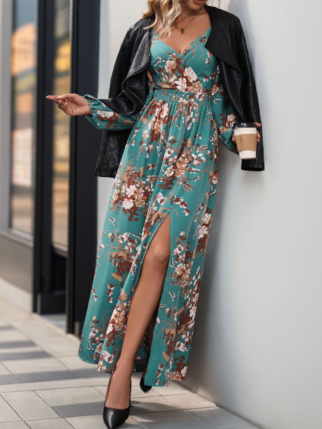 Slit Printed Surplice Long Sleeve Maxi Dress.