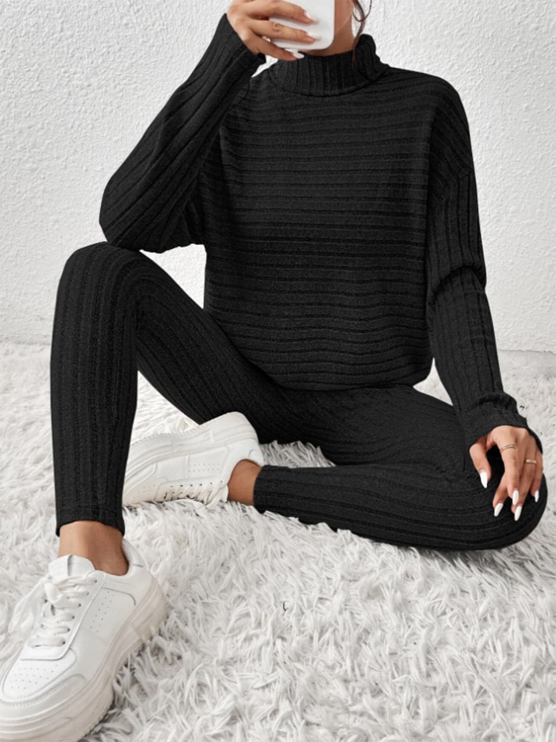 Ribbed Turtleneck Top and Pants Set.