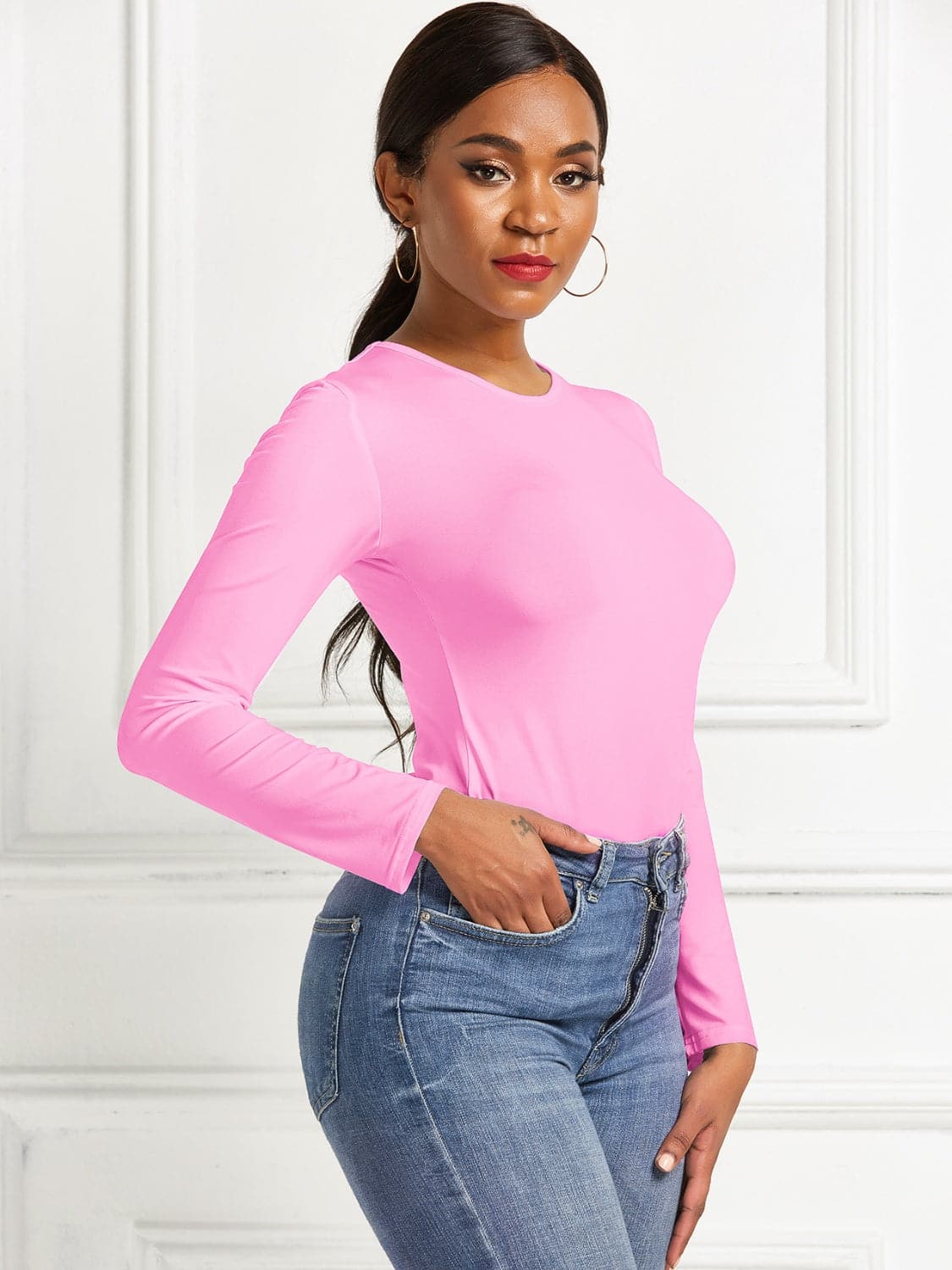 Round Neck Long Sleeve Bodysuit.