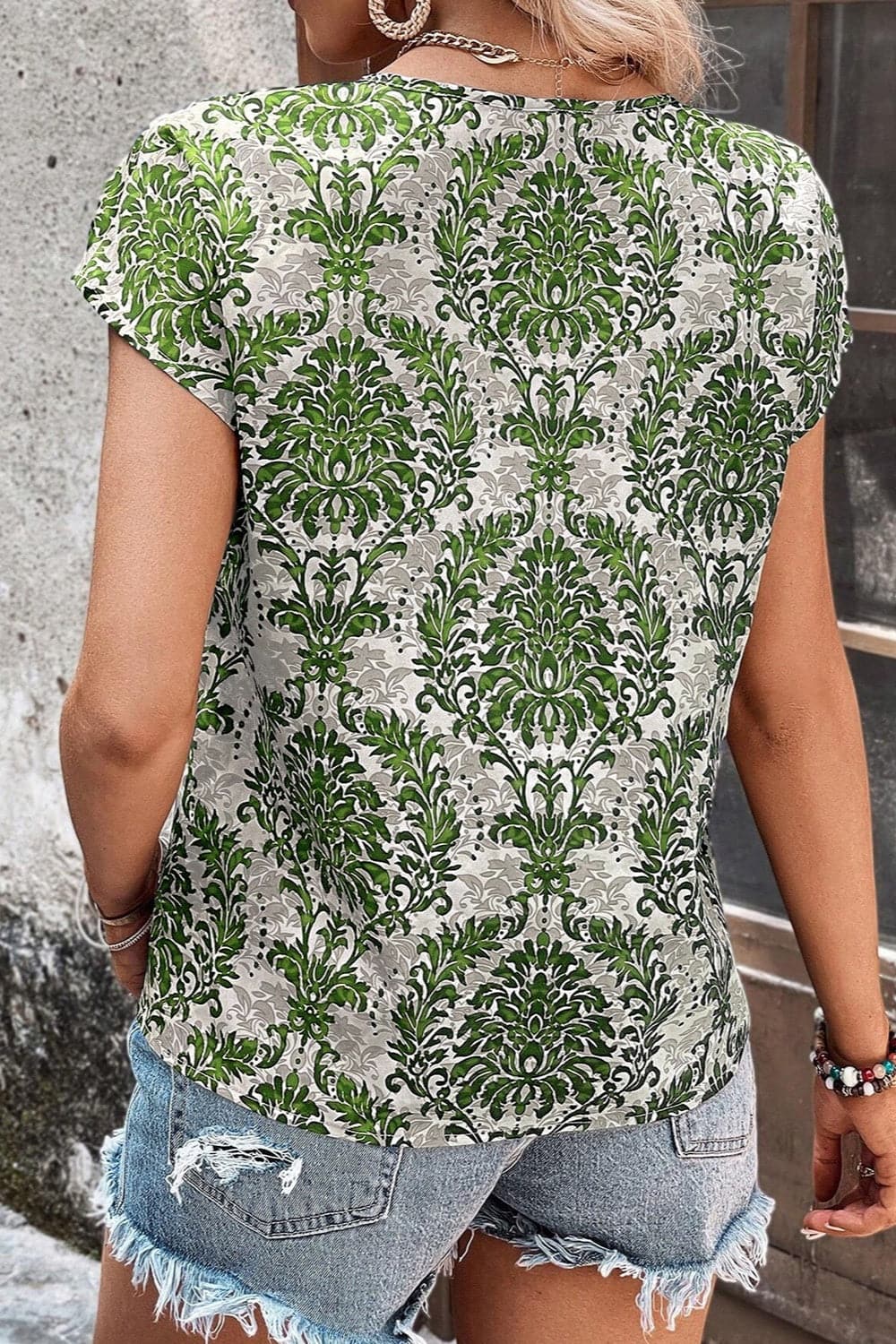 Cutout Printed Short Sleeve Blouse.