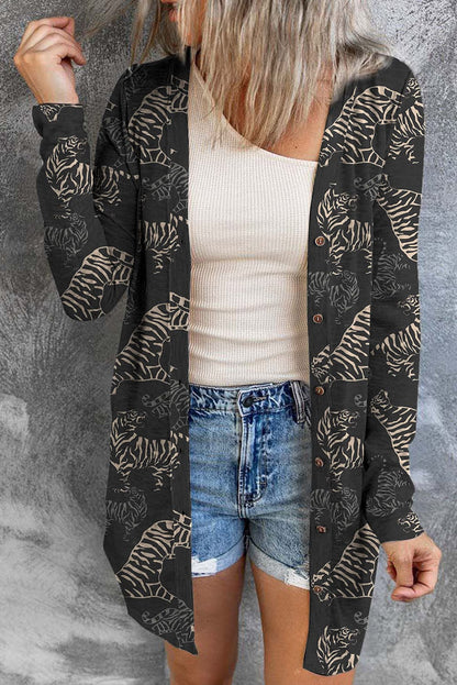 Tiger Print Button Up Long Sleeve Cardigan.