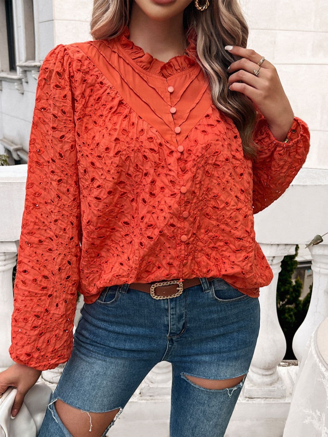 Frill Round Neck Long Sleeve Shirt.