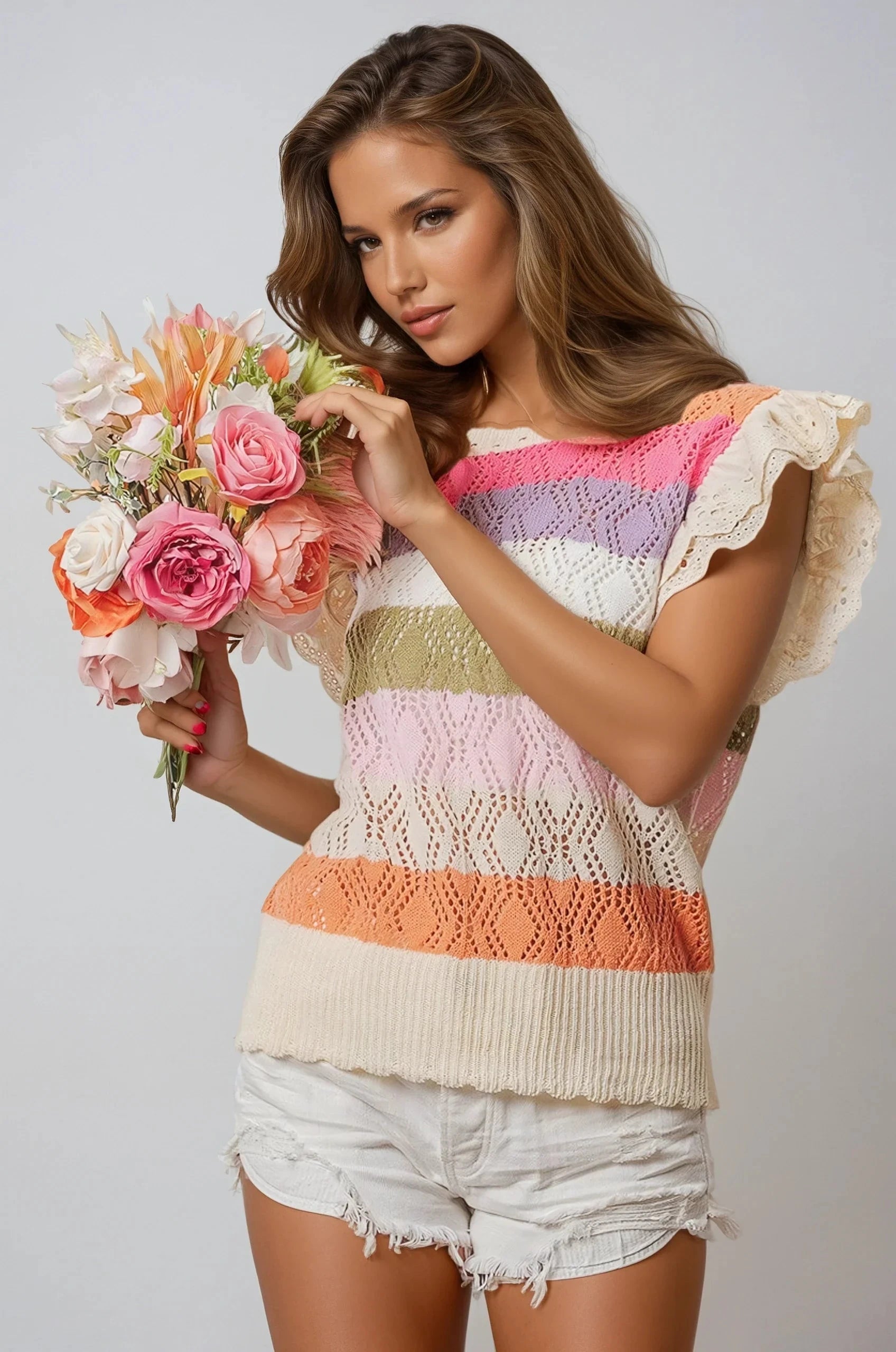 Sunshine Bliss Pointelle Knit Top Pastel Stripe Lightweight Fitkitty Culture Athleisure Wear, Yoga Wear & Women's Clothing