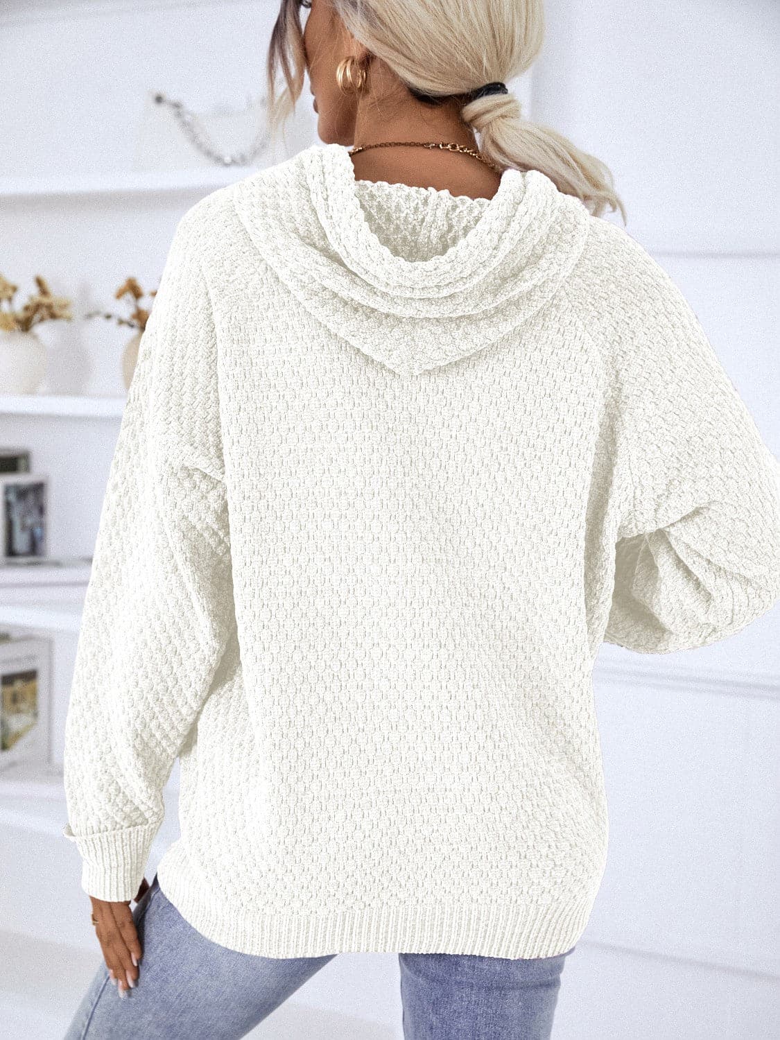 Texture Drawstring Long Sleeve Hooded Sweater.