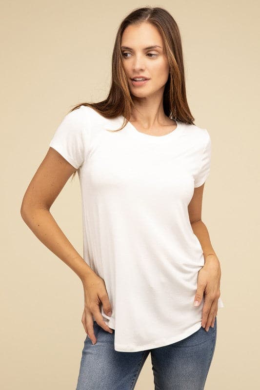 Flowy Round Hem Rayon Short Sleeve Top.