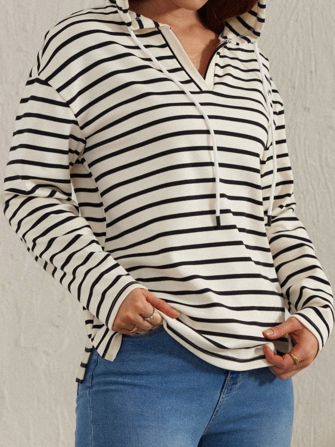 Drawstring Striped Long Sleeve Hoodie.