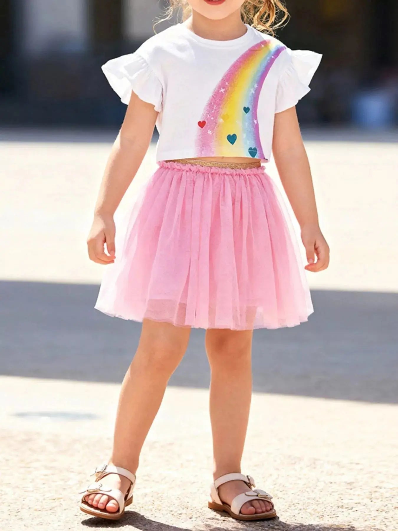 Children's Rainbow Ruffle Sleeve Top and Tulle Skirt Set Simply Love