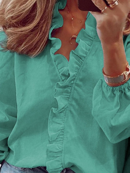 Chic ruffled v-neck long sleeve blouse