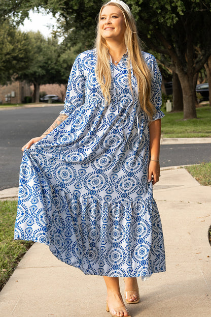 Sky blue geometric lace-up maxi dress with notch neck for plus sizes