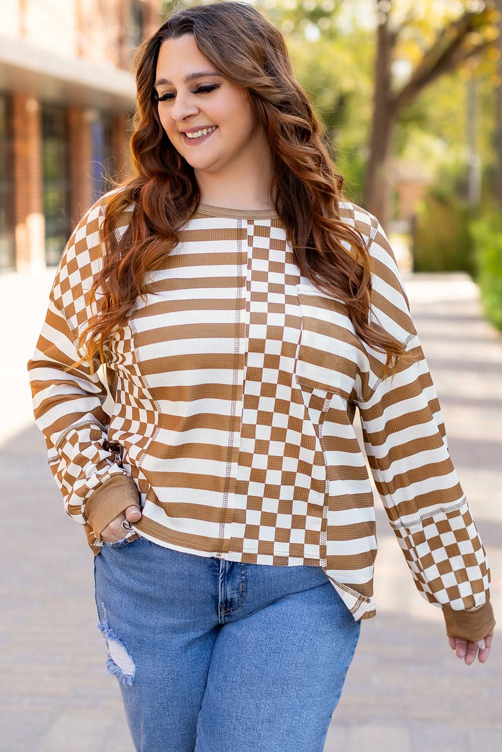 Chic plus size khaki mixed print top - Love Salve 