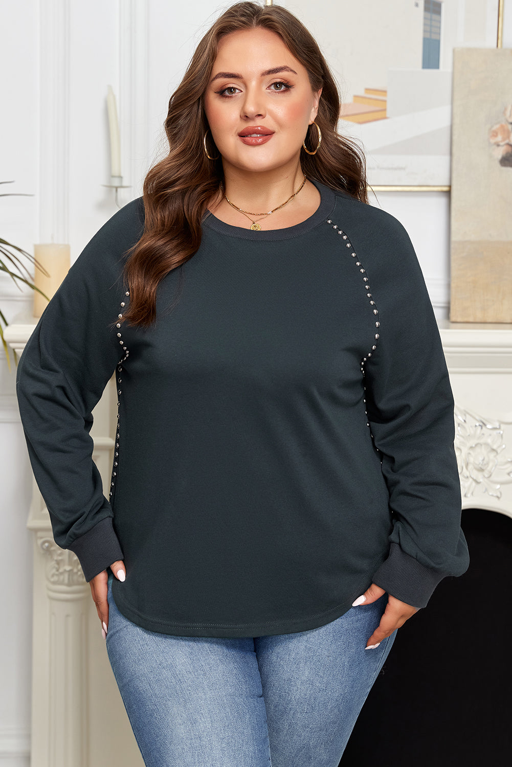 Black Studded Ribbed Edge Mineral Wash Plus Size Jumper Dear-Lover Dropshipping