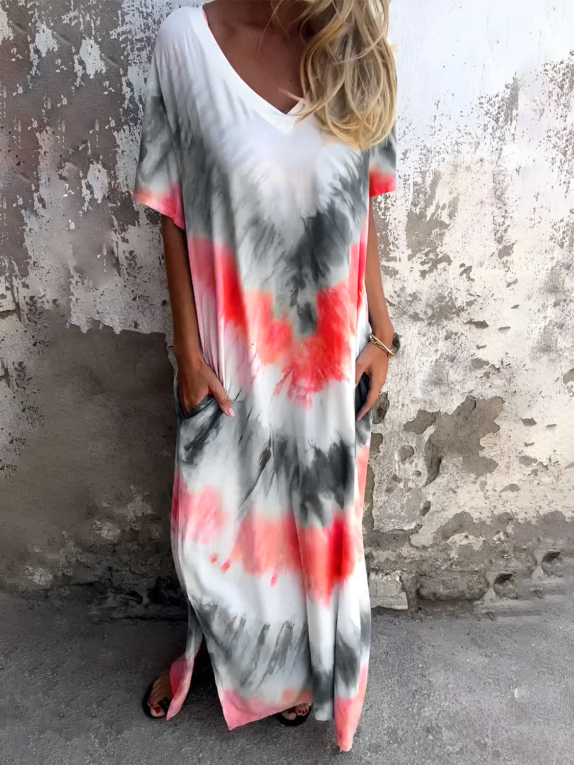 Full Size Pocketed Tie-Dye Short Sleeve Dress.