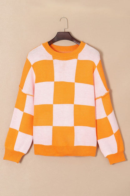 Checkered Exposed Seam Drooped Shoulder Sweater.