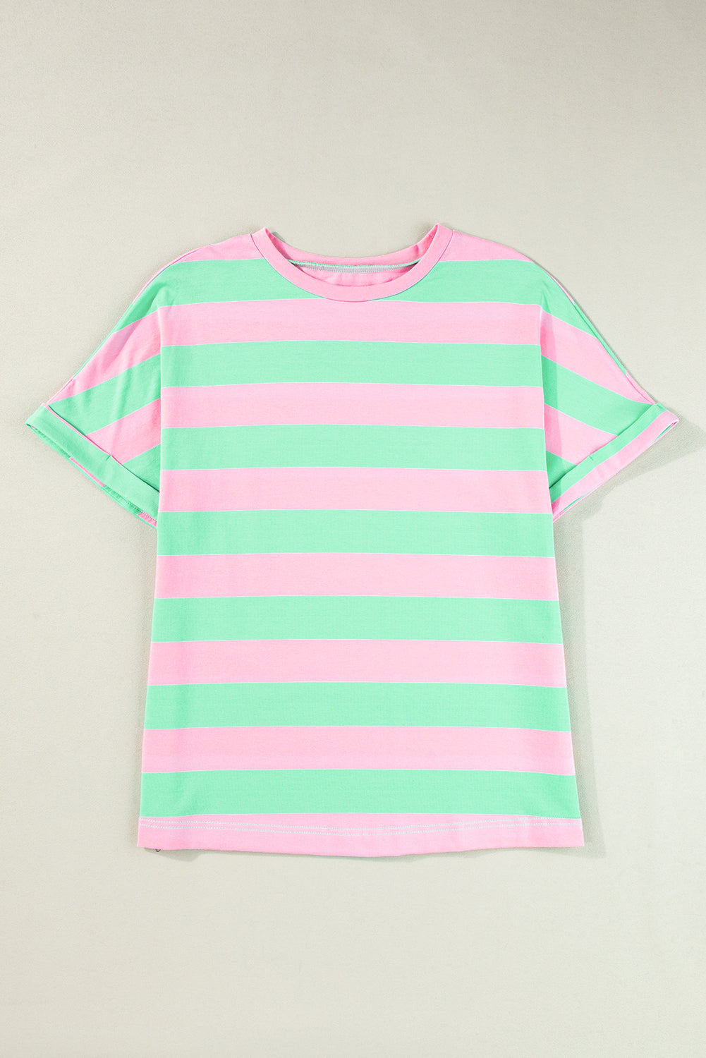 Pink Stripe Colorblock Cuffed Sleeve Loose Tee