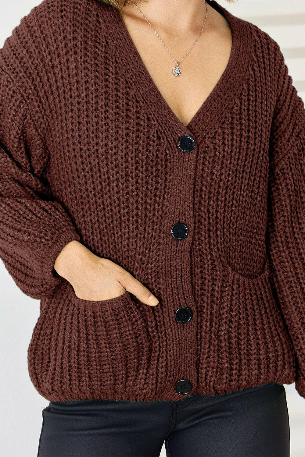 Pocketed Button Up Dropped Shoulder Cardigan.