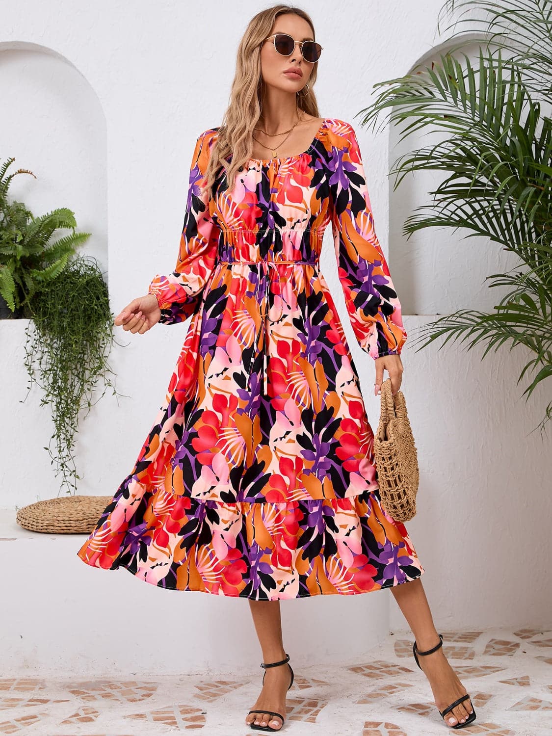 Printed Long Sleeve Midi Dress.