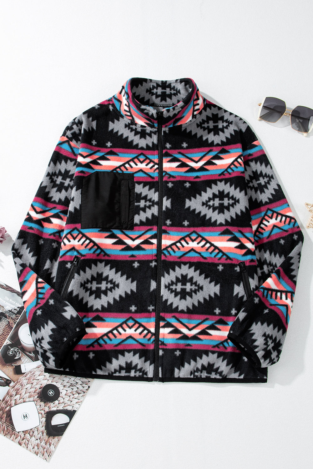 Chic black Aztec zip collar jacket for effortless style