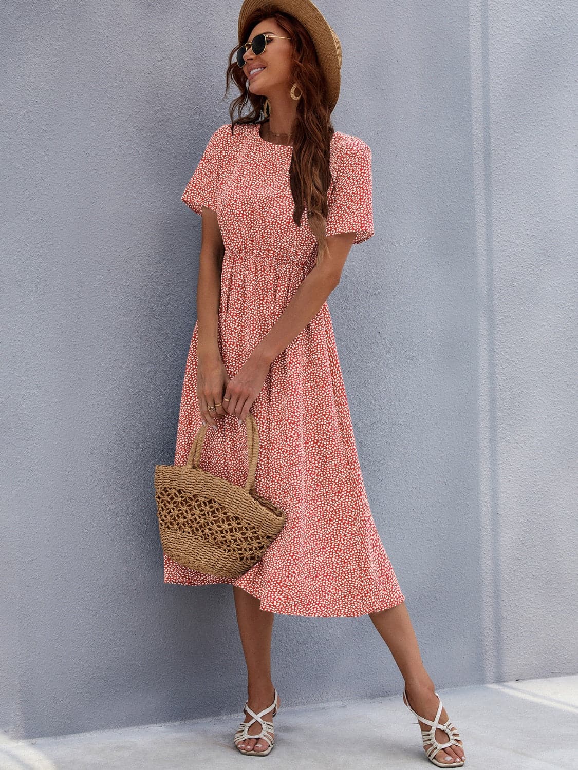 Printed Round Neck Short Sleeve Midi Dress.