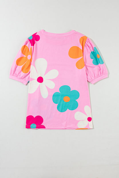 Pink Flower Print Bubble Sleeve Tee