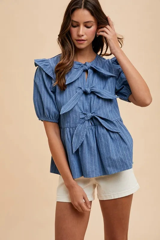 Annie Wear Stripe Front Bow Denim Peplum Blouse - Love Salve 