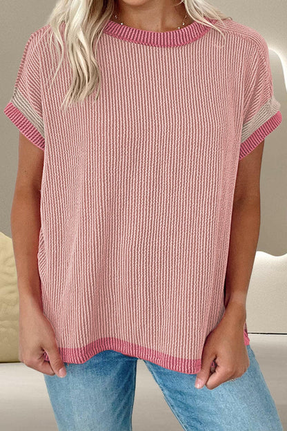 Color Block Round Neck Cap Sleeve T-Shirt.