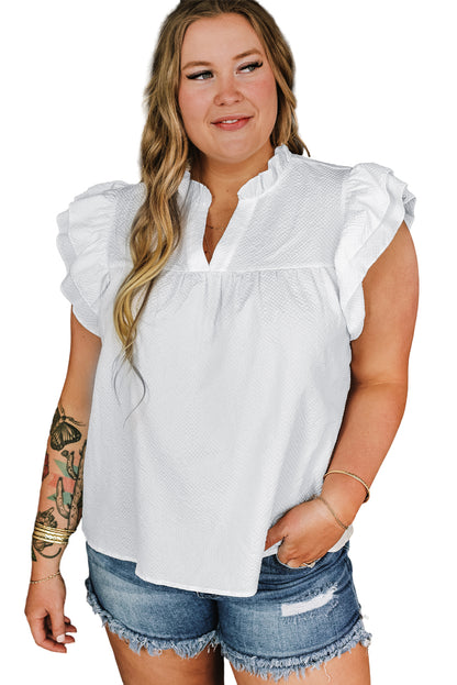 Elegant white plus size blouse with textured ruffles and flutter sleeves