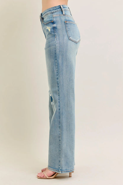 Judy Blue Plus Size High Rise Destroyed Knee Patch Straight Jeans - Love Salve 