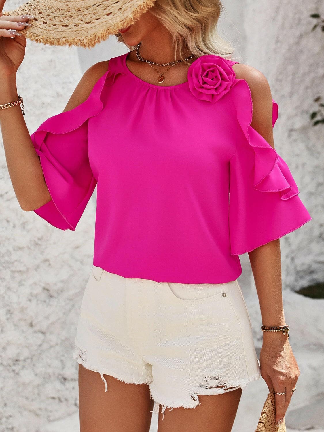 Ruffled Round Neck Half Sleeve Blouse.