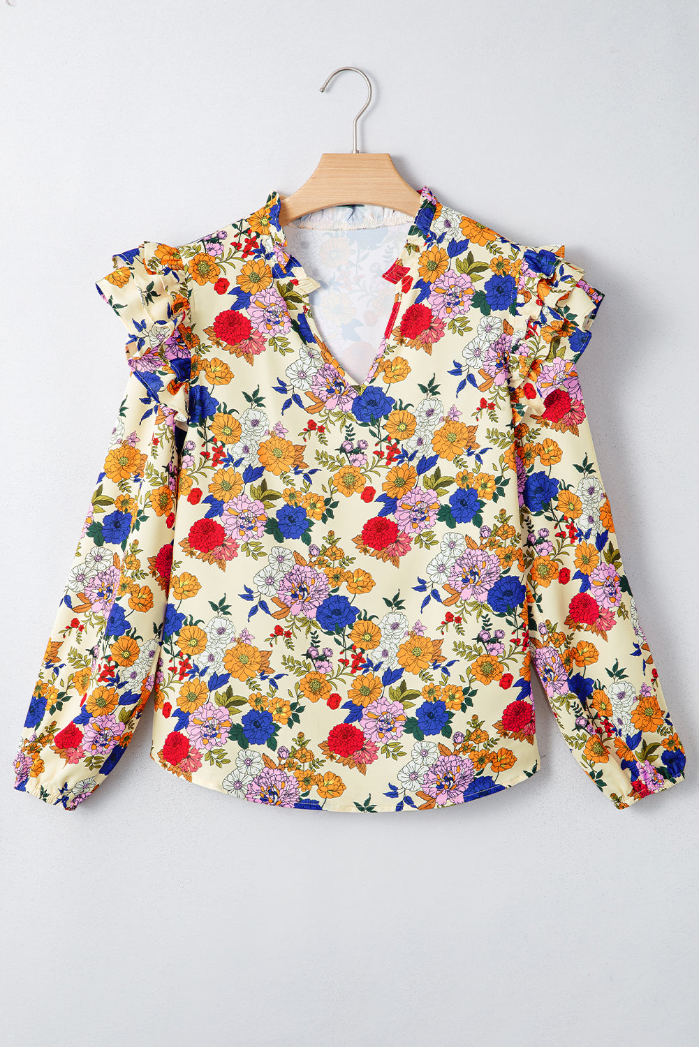 Premium Apricot Ruffled Shoulder Floral Long Sleeve Blouse