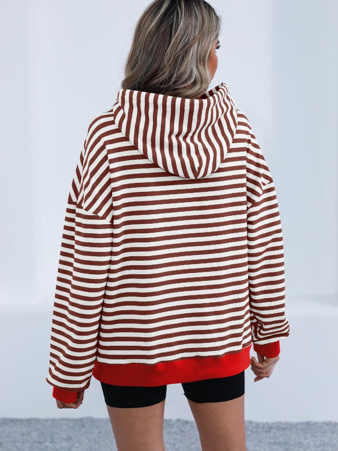 Drawstring Striped Long Sleeve Hoodie.