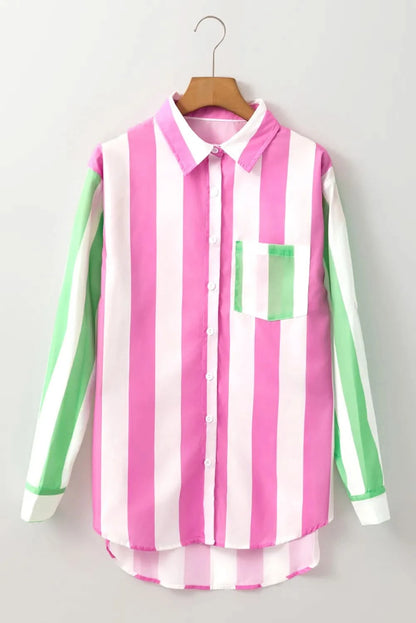 Striped elegance: Collared long sleeve shirt with pockets