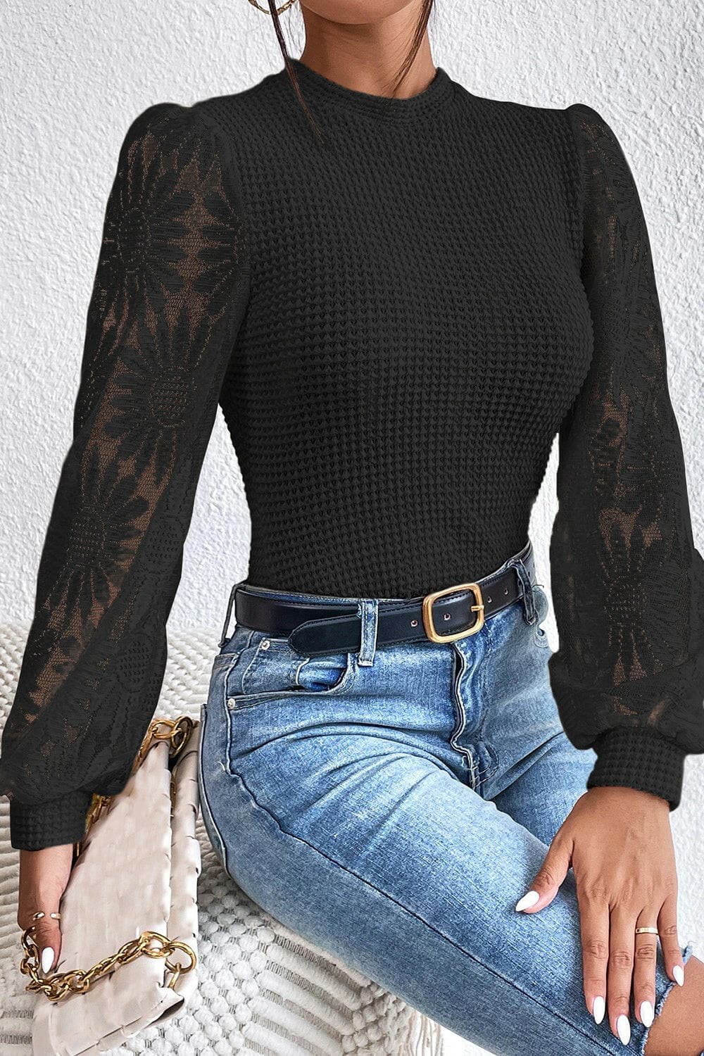 Floral Lace Detail Lantern Sleeve Blouse.