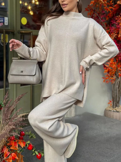 Slit Neck Knit Sweater Set with Pants