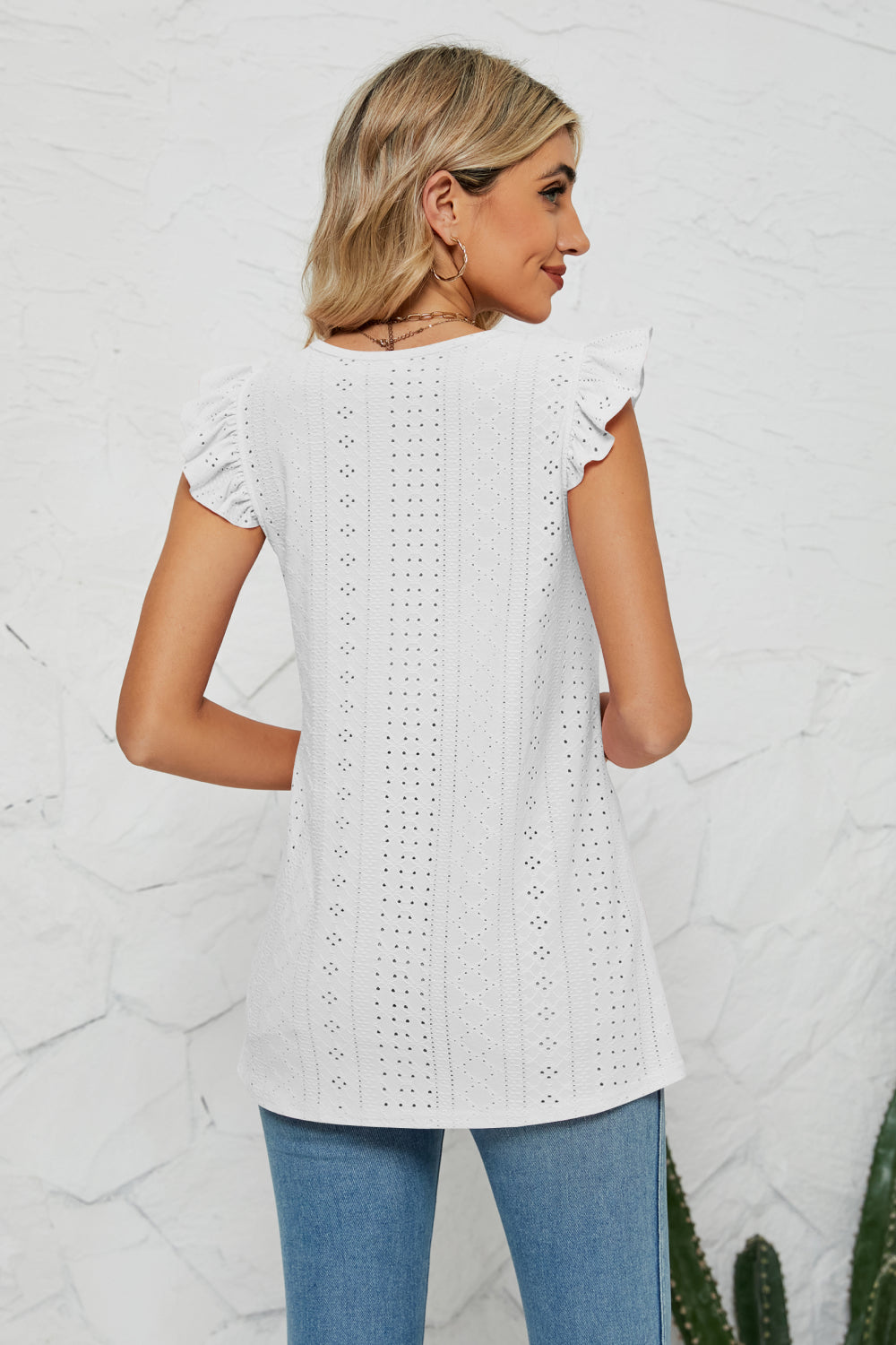 Smocked Round Neck Eyelet Top Coco’s Tee Boutique