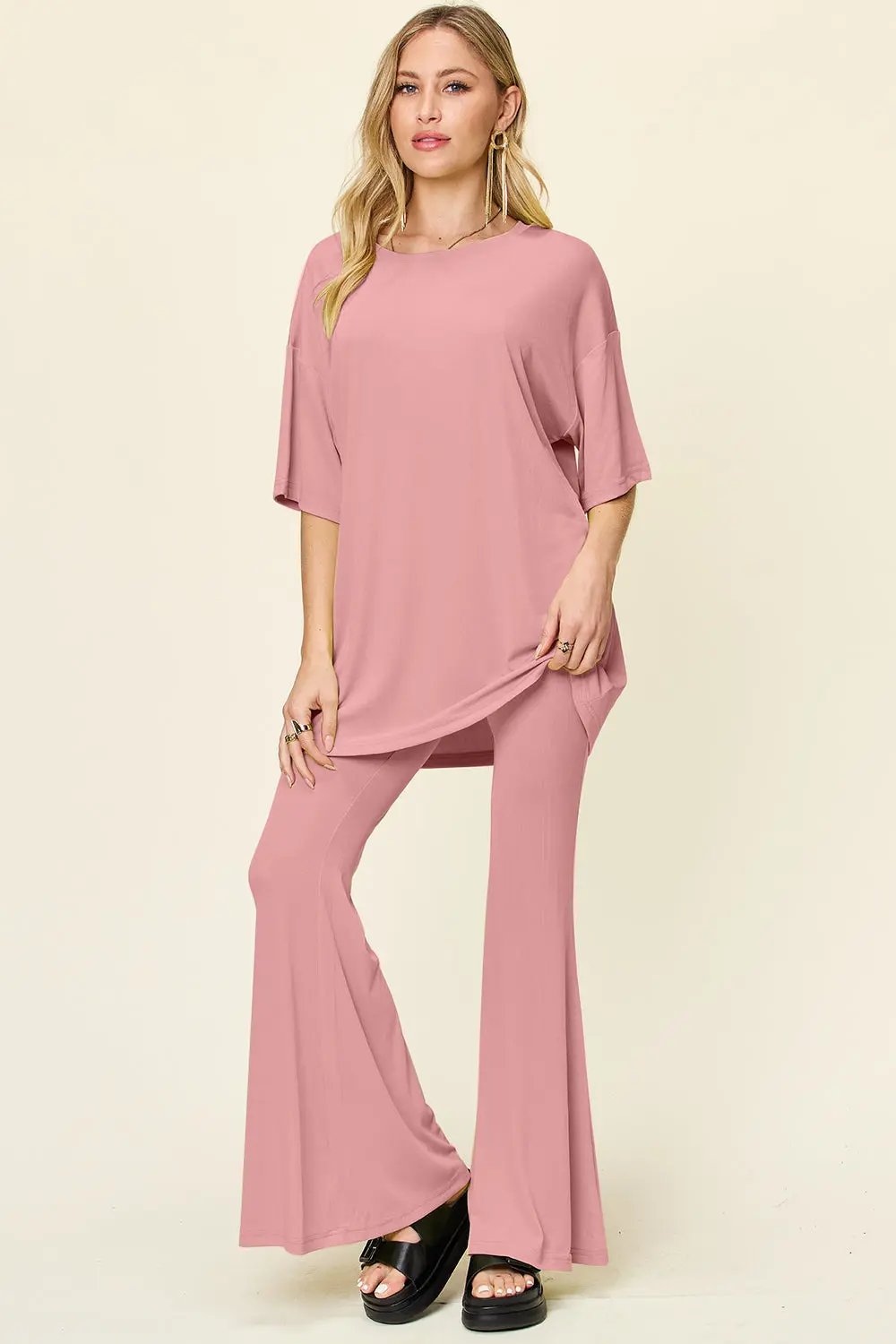Double Take Full Size Round Neck Drop Shoulder T-Shirt and Flare Pants Set - Love Salve
