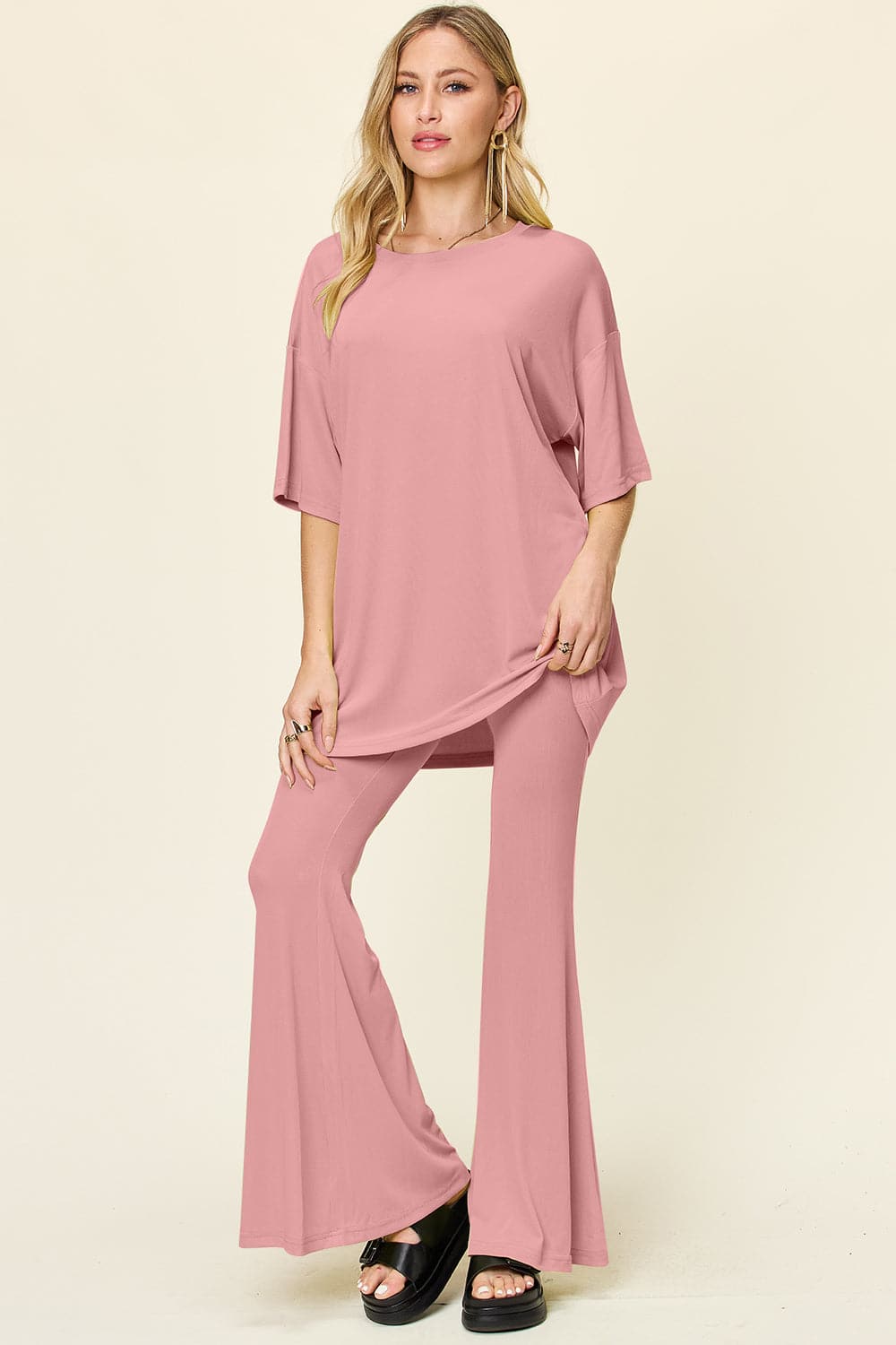 Double Take Full Size Round Neck Drop Shoulder T-Shirt and Flare Pants Set.