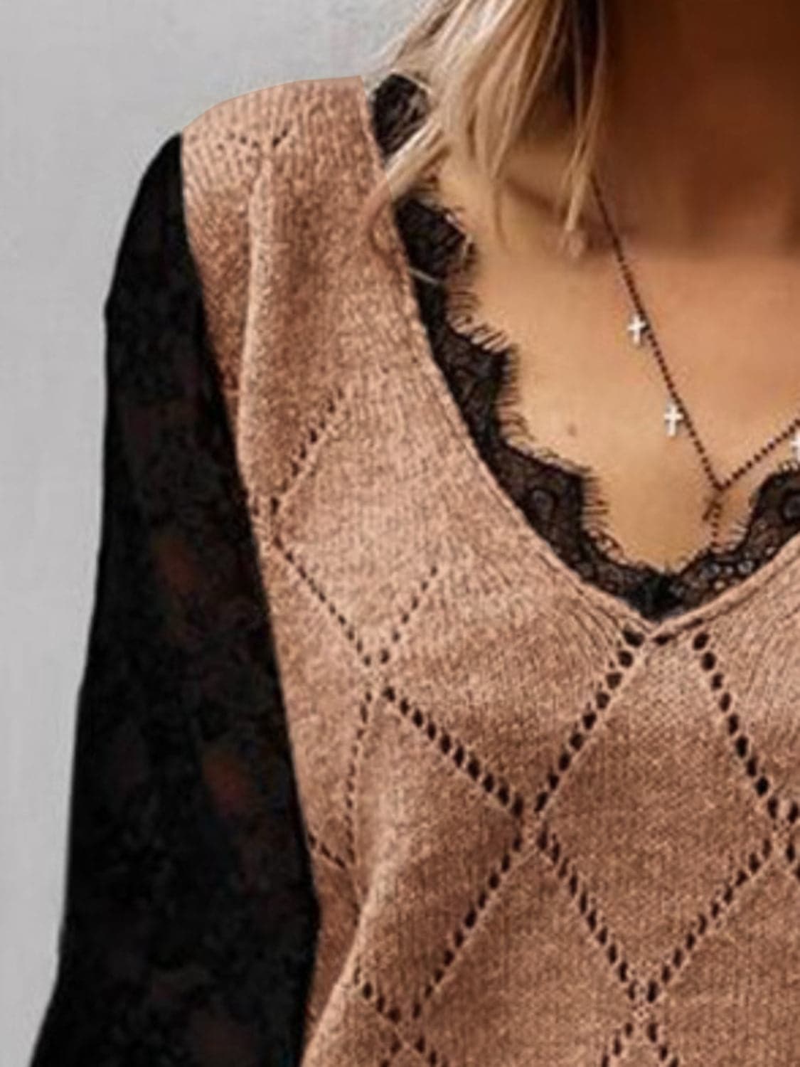 Lace Decor V Neck Two Tone Sweater.