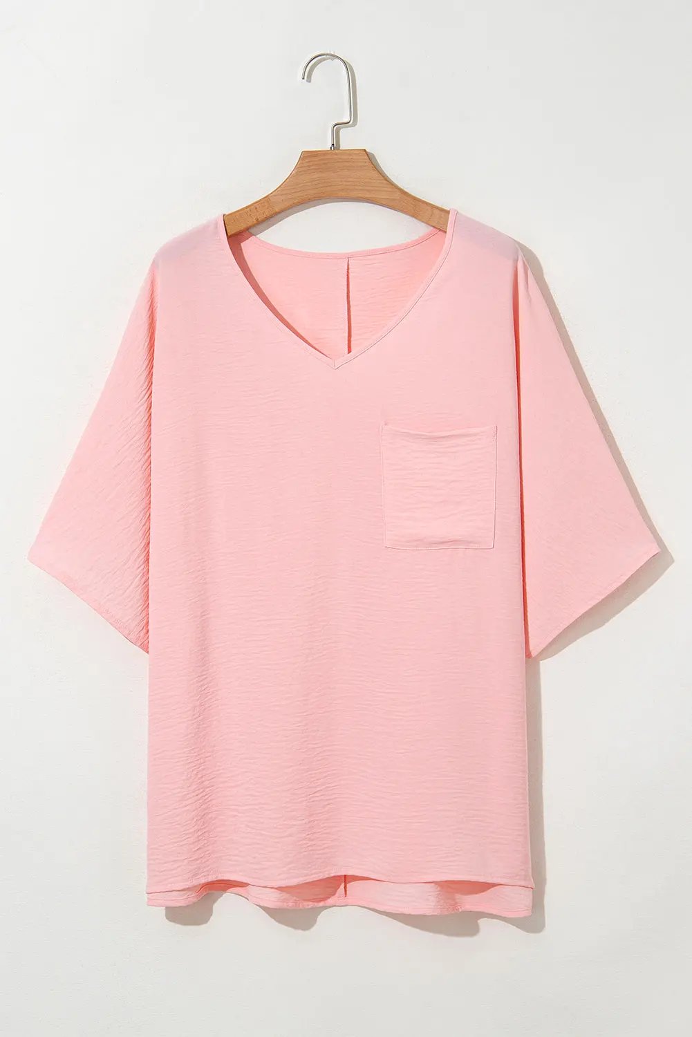 Pink Textured Half Sleeve V Neck Plus Size T Shirt with Chest Pocket - Love Salve 