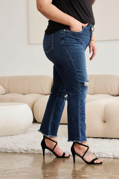 RFM Full Size Tummy Control Distressed High Waist Raw Hem Jeans.