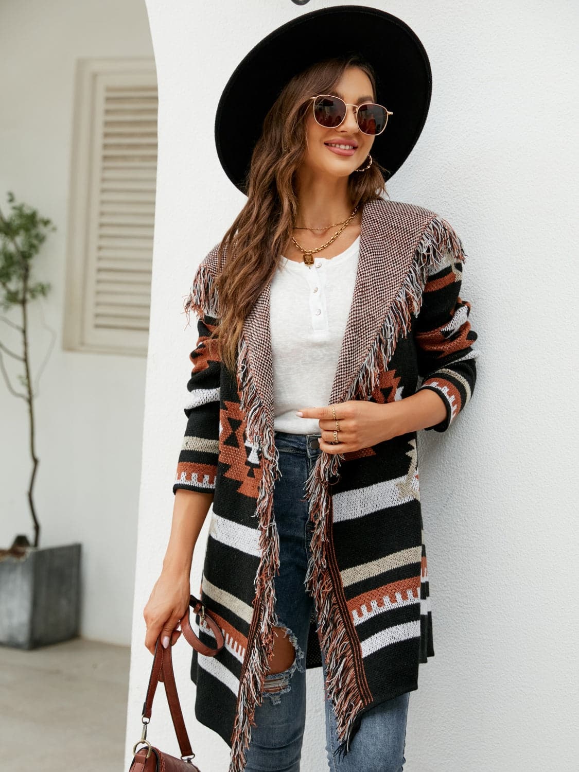 Fringe Geometric Hooded Long Sleeve Cardigan.