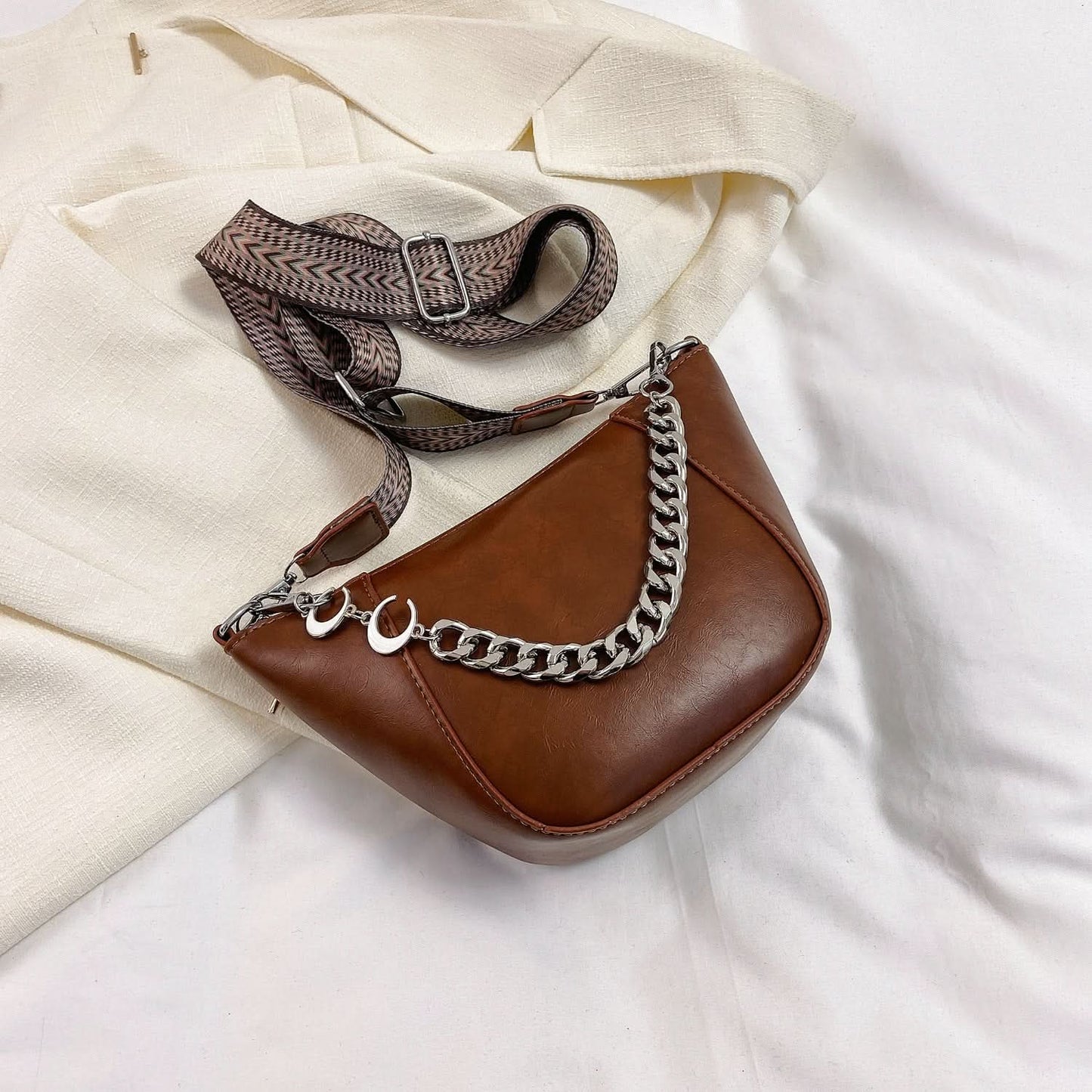 PU Leather Chain Trim Crossbody Bag