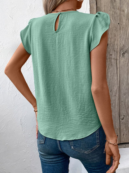 Ruched Round Neck Cap Sleeve Blouse.