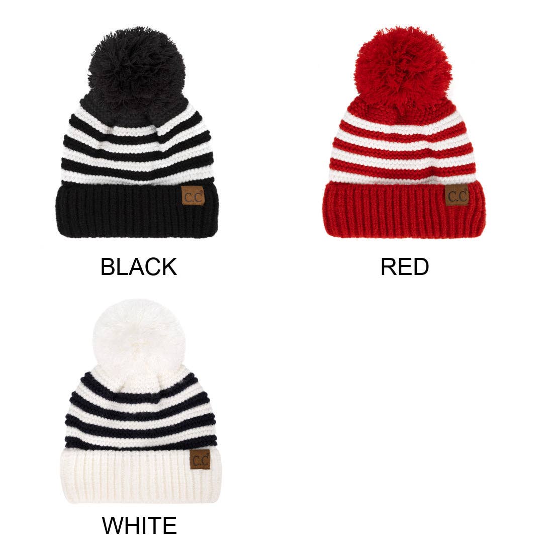 🎅🎄 Candy Cane Cozy! CC Chunky Knit Striped Pom Beanie - Red Coco’s Tee Boutique