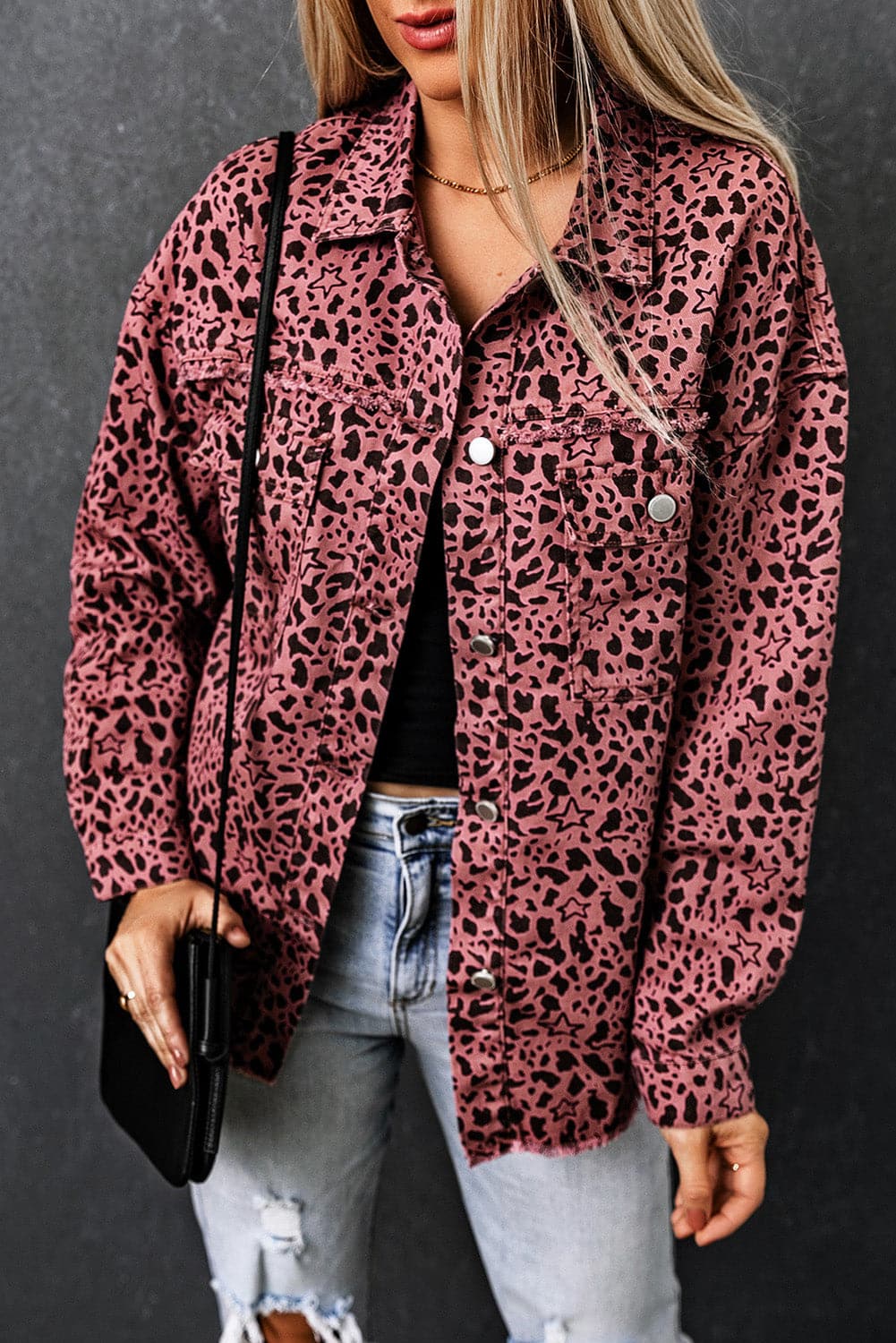 Leopard Raw Hem Button Up Denim Jacket.