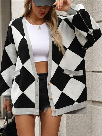 Checkered Dropped Shoulder Long Sleeve Cardigan.