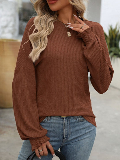 Ribbed Round Neck Long Sleeve T-Shirt.