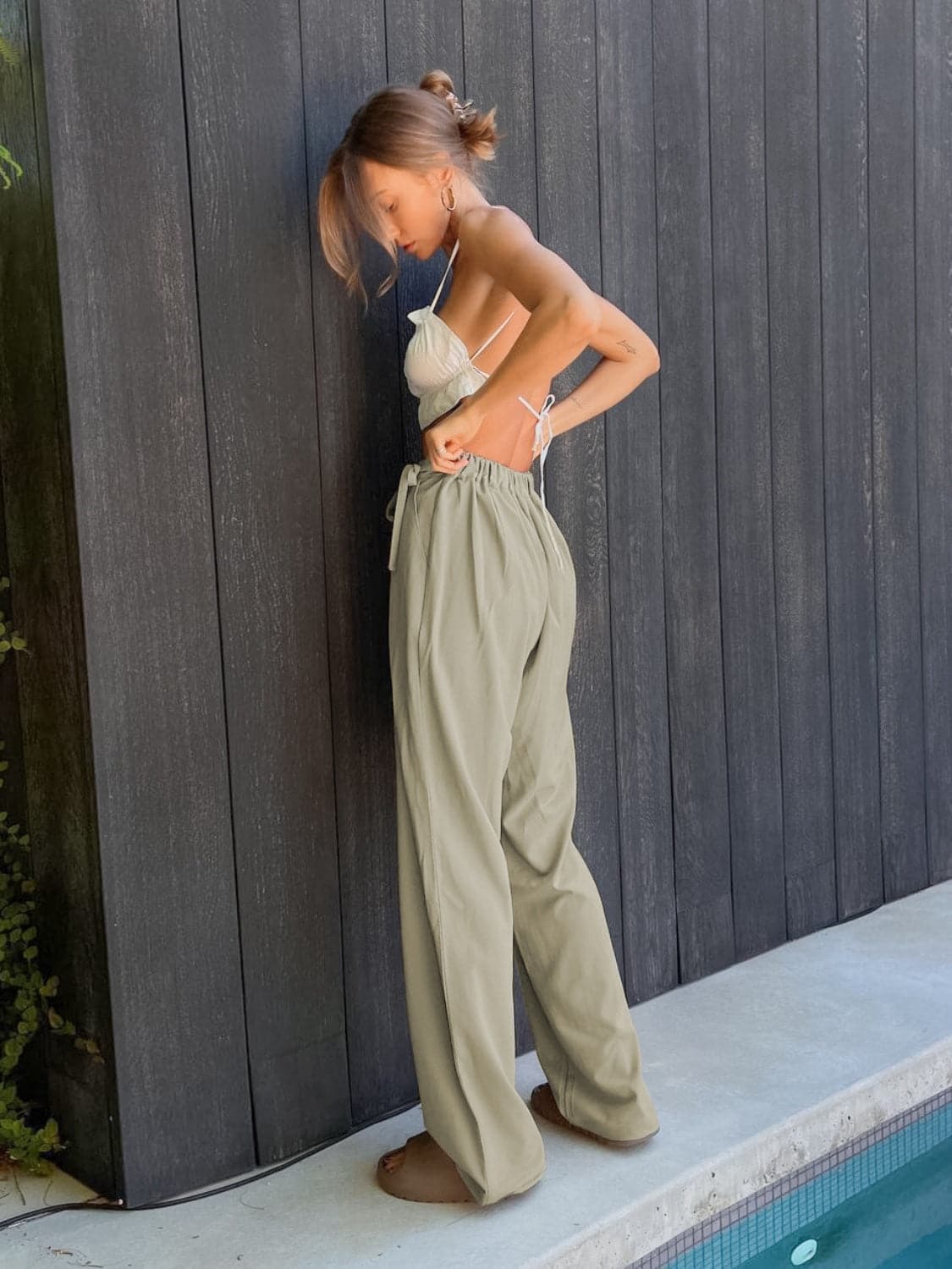 Tied High Waist Wide Leg Pants.