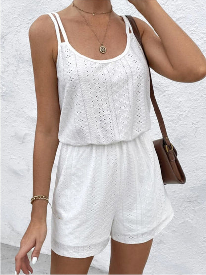 Eyelet Scoop Neck Double Spaghetti Straps Romper.