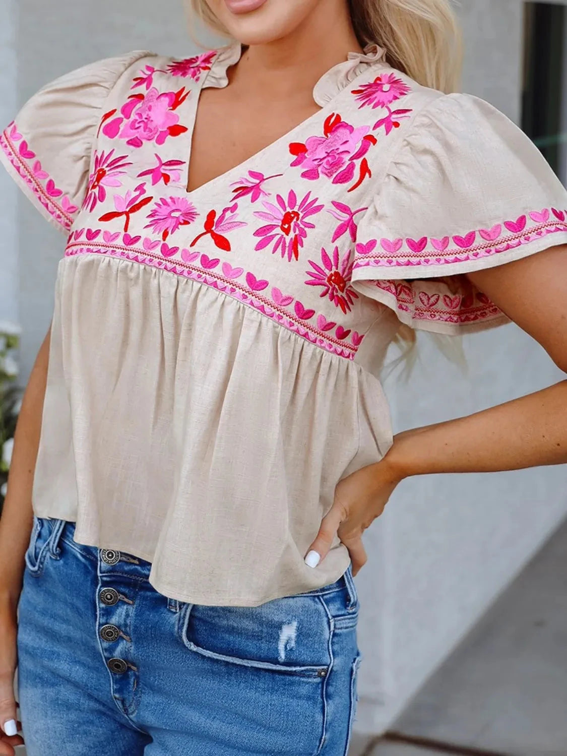 Floral Embroidered Short Sleeve Notched Blouse Simply Love